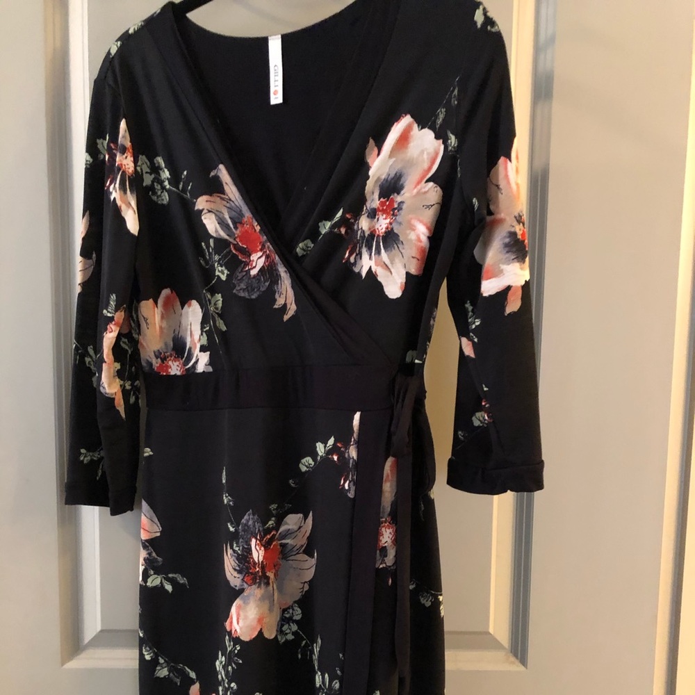 Floral Black and Pink Faux Wrap Dress